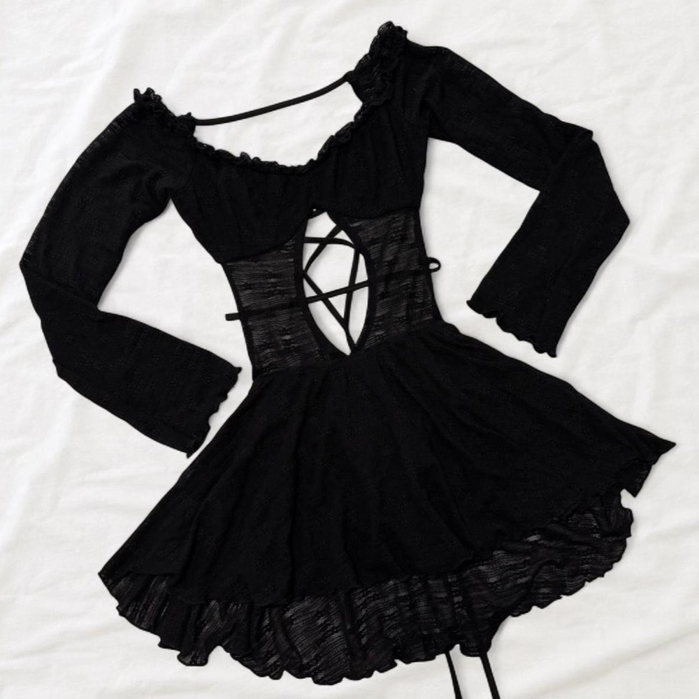 Witchy Black Lace Romper Dress Whimsigoth Bell Sleeve Goth Festival M